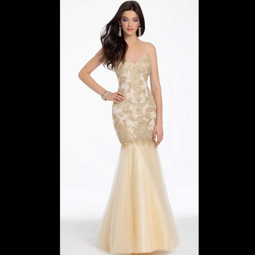 Gold Metallic Embellished Tie Back Prom Dress